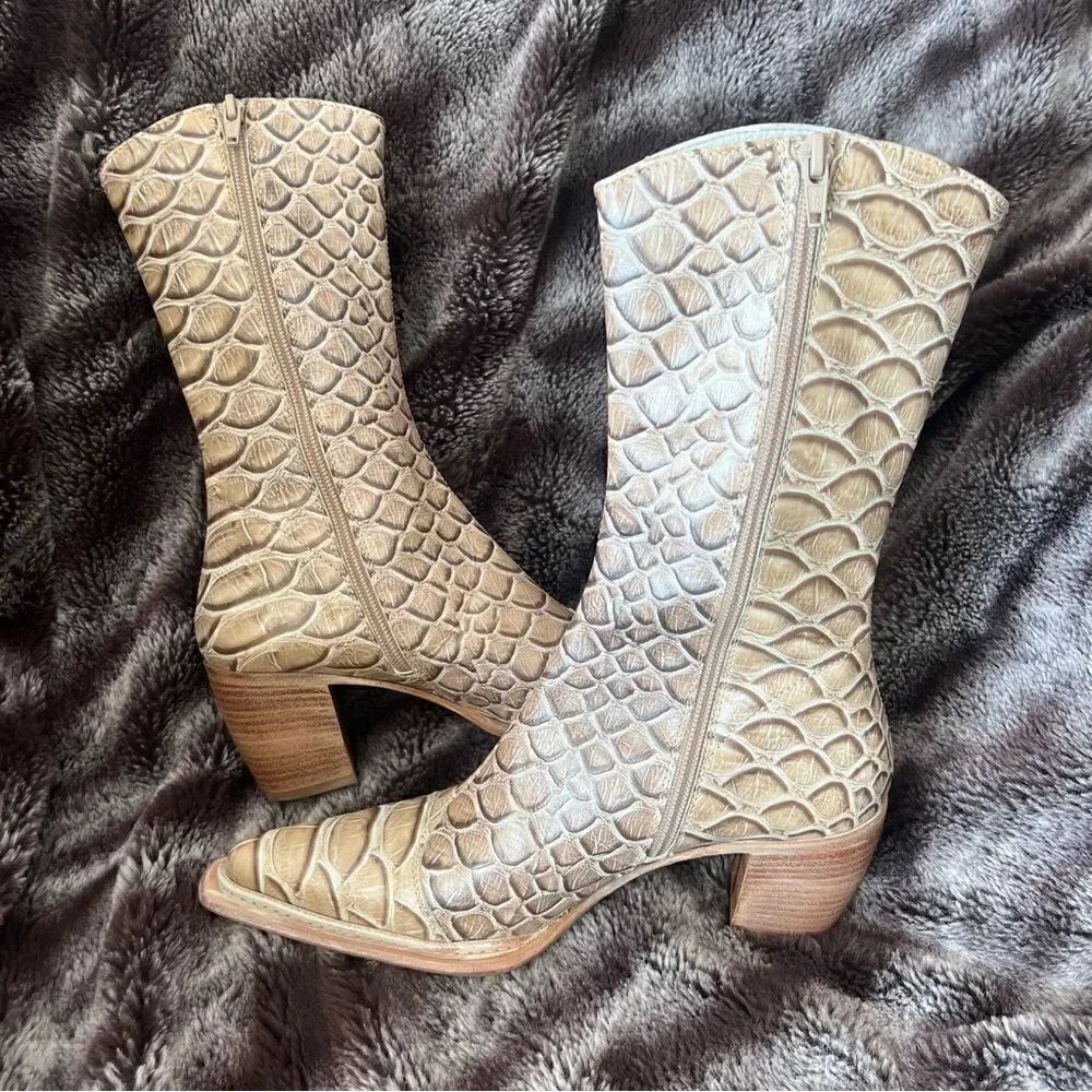 VINCENT Ankle Boots Beige Leather Croco Print Exterior Made in Italy Size 36.